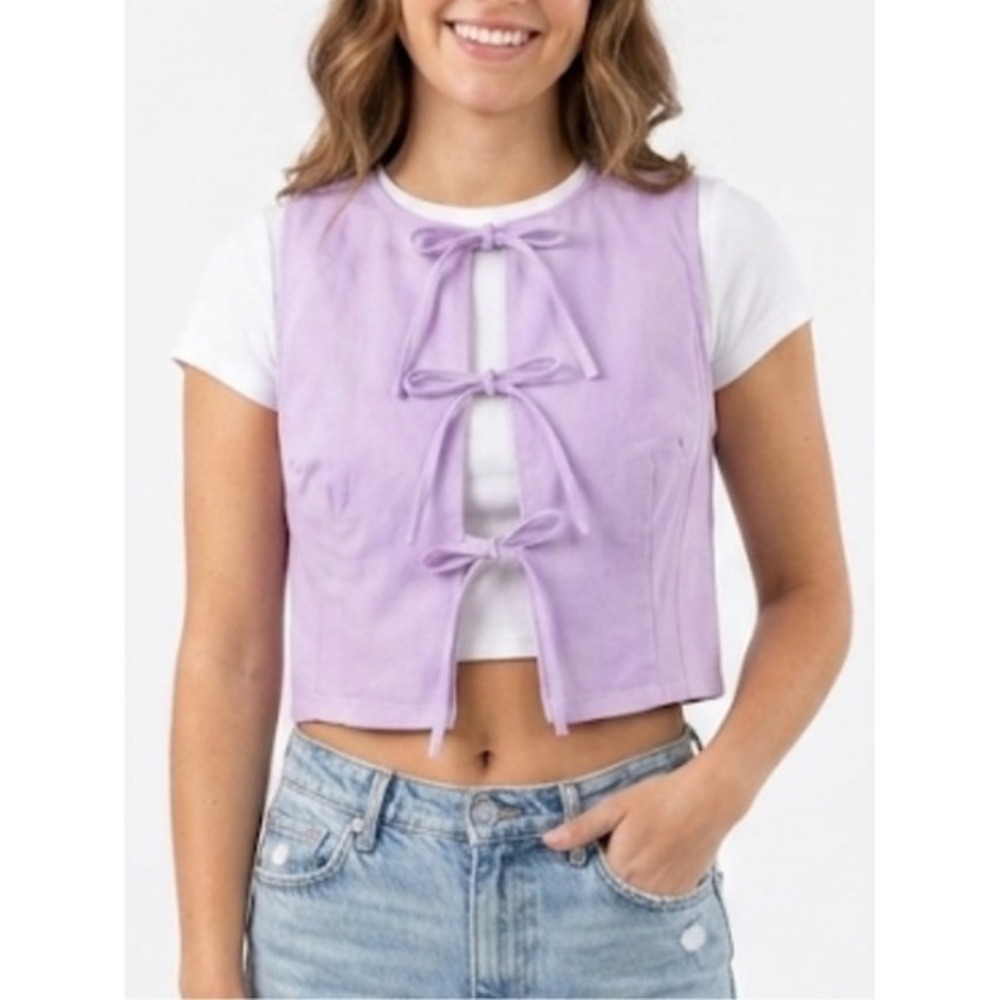 DAY + MOON Large Lavender Cotton Fitted Tie Front Vest Festival Spring Coquette